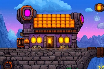 Poster - A retro 8-bit duplex glowing in a cyberpunk city, with pixelated neon lights and futuristic signs
