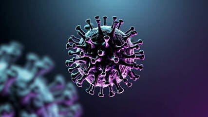 Aufkleber - Microscopic view of a coronavirus particle rotating slowly against a gradient background, other virus particles are visible but out of focus, suggesting the presence of a viral infection