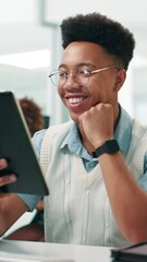 Fototapete - Office, businessman and smile with tablet for reading, research information and UX developer. Career, male person and web designer with digital for connection, software update and happiness for SEO