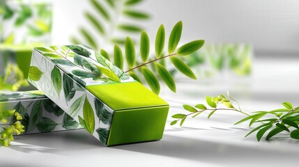 Poster - Minimalist green box containing a vibrant potted plant, perfectly positioned on a clean white surface in modern decor