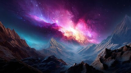 Poster - Majestic mountain landscape under a colorful nebula with stars twinkling in a cosmic night sky