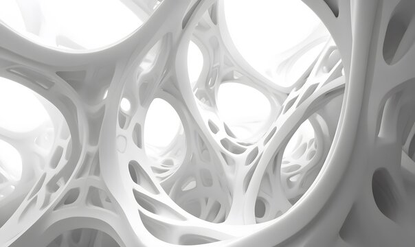 Abstract white organic structure, complex interconnected forms, three-dimensional rendering
