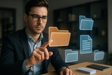 Poster - Digital Workspace Interface: An individual, focused on his task, interacts with a holographic interface displaying digital files. This image illustrates the modern office landscape.