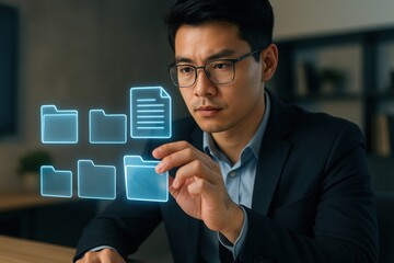 Aufkleber - Focused Professional Interacting with Digital Documents: A dedicated professional, intently focused, interacts with futuristic digital documents.