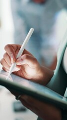 Fototapete - Developer, web and person with tablet, hands and programming with stylus for debugging and employee. Business, programmer and testing with tech for coding, online and research for software on app