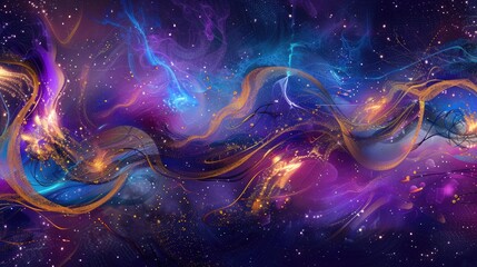 Poster - Vivid abstract background featuring flowing waves in shades of purple, blue, and gold, creating a dynamic and serene atmosphere perfect for web and design projects.