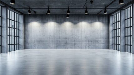 Poster - A vast empty basement floor in an industrial building, featuring raw concrete walls and modern minimal lighting.