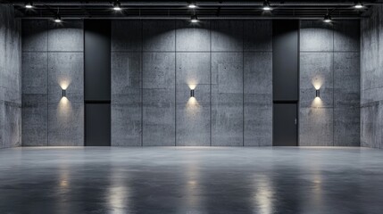 Poster - A vast empty basement floor in an industrial building, featuring raw concrete walls and modern minimal lighting.