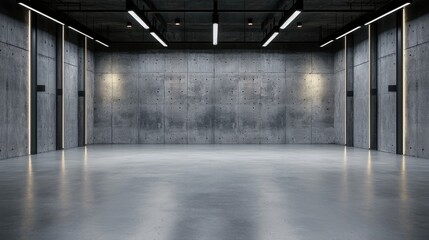Poster - A vast empty basement floor in an industrial building, featuring raw concrete walls and modern minimal lighting.