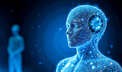Poster - digital humanoid composed of blue glowing lines and nodes in abstract environment showing future artificial mind and intelligence design