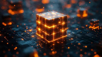 Poster - Glowing Cube: a futuristic and abstract visualization of the digital world, featuring an illuminated cube as the central element, rendered with neon lines and glowing dots.