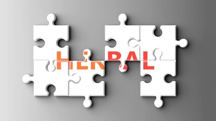 Leinwandbilder - Herbal as a complex topic - pictured as word herbal on a puzzle pieces to show that herbal is a composite subject. Solving a puzzle. Pieces coming together to make a whole