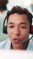 Poster - Call center, man and consultant with headset in office for online consultation with crm. Contact us, audio tech and professional customer experience agent with lead generation, support or helpdesk.