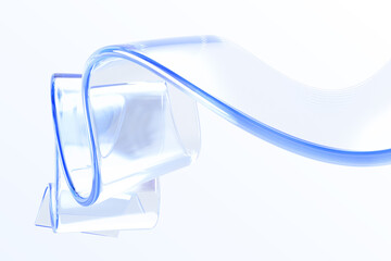 Poster - 3d water ribbon, aqua liquid stream, glass transparent clear tape wave line render. Abstract fluid flow curve shape with light blue gradient on background. Flying glossy plastic film. 3D illustration