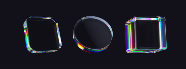 Poster - Set of 3d transparent glossy abstract primitives or shapes with dispersion effect. Rainbow colors reflection glass. Vector illustration.