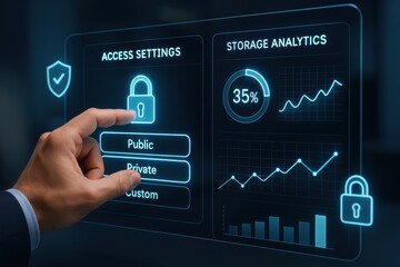 Fototapete - Digital Data Protection: A person interacting with a high-tech screen, engaging with data security elements and data visualization.