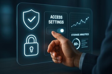 Aufkleber - Cybersecurity Settings: A close-up shot of a hand activating the access settings on a digital interface, symbolizing data protection, privacy, and digital security.