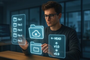 Poster - Navigating Digital Horizons: A focused professional, immersed in a cutting-edge digital environment, expertly navigates a luminous interface, reflecting the intersection of technology, innovation.