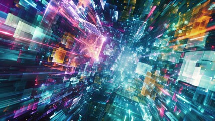Poster - Explore a mesmerizing abstract scene depicting glowing crystalline structures in cyberspace, filled with vibrant colors and dynamic energy.