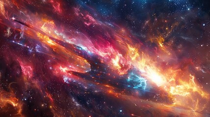 Poster - A stunning depiction of an angular spaceship navigating a vibrant cosmic light vortex, filled with intense colors and dynamic energy, showcasing the beauty of deep space.