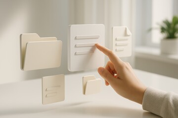 Aufkleber - Digital Interaction: A hand interacts with virtual files, showcasing the integration of technology and information management, symbolizing the ease of modern digital access. 