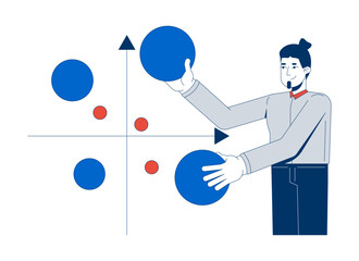 Poster - Businessman analyzing bubble chart 2D illustration concept. Scatter plot with XY axis. Corporate male analyst holding data points cartoon character isolated on white. Flat abstract vector metaphor