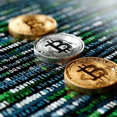 Aufkleber - Bitcoin Cryptocurrency Digital Currency Decentralized System on Binary Code Background, representing finance and digital technology.