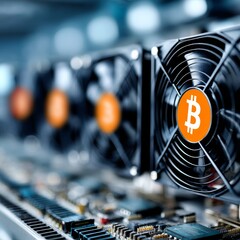 Aufkleber - Bitcoin Mining Rig: Close-up of cooling fans on a cryptocurrency server setup for generating digital currency, showing the hardware detail.