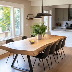 Poster - Elegant dining room with a live edge wooden table black chairs and a vase of green leaves against a backdrop of a kitchen and windows