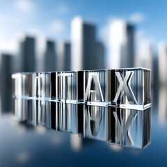 Aufkleber - Crystal 'TAX' letters reflect on a modern financial landscape under a clear blue sky.