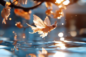 Aufkleber - A whimsical digital rendering depicts a creature with butterfly-like wings hovering over water. The scene is bathed in a warm glow from an overhead light source with soft focus and dreamy bokeh