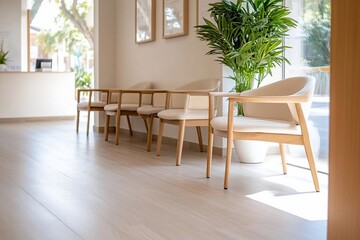 Aufkleber - Interior waiting room scene with wooden chairs beige cushions light wood floor and large window soft natural light creating calm atmosphere