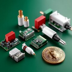 Aufkleber - Electronic Components and Bitcoin: A Convergence of Technology and Cryptocurrency on Green Backdrop