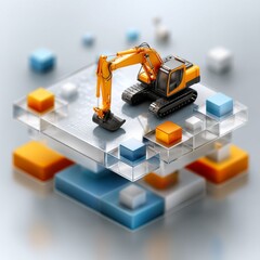 Poster - Excavator atop Layered Abstract Blocks: Construction Equipment Meeting Digital World, a Conceptual Blend of Industry and Technology