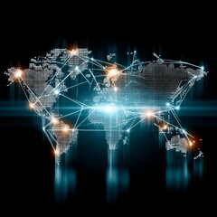 Aufkleber - Global Network Connections: A Digital World Map with Glowing Nodes and Data Transmission Links