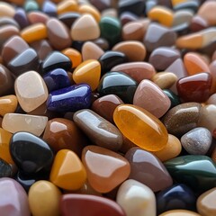 Poster - Close-up of assorted colorful polished stones arranged in a dense pattern capturing various shapes and textures. The stones display a range of colors and translucence illuminated by soft lighting