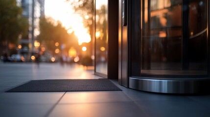 Poster - Exterior view of a modern structure entrance during sunset with golden sunlight illuminating the scene creating warm ambience