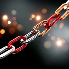 Poster - Interconnected: A vibrant chain of red, gold, and silver links against a bokeh-lit background.