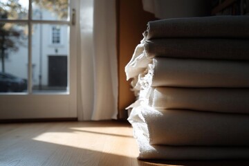 Poster - Close up view of folded white and beige fabrics with natural sunlight on wooden floor near window. Soft textures and neutral colors create serene atmosphere