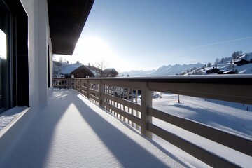Leinwandbilder - Snow-covered balcony scene with a wooden railing against a backdrop of snow-covered mountains under bright sunlight. Shadows cast by the railing enhance the scene's depth and texture
