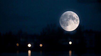 Poster - Night scene featuring a full moon with bright illumination set against a dark blue sky blurred background of trees and lights reflecting on water evoking a serene night