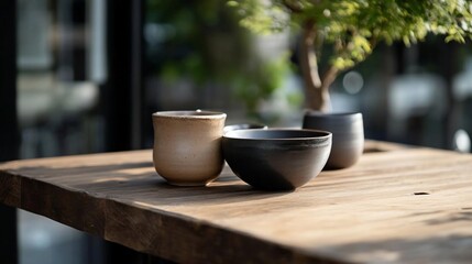 Fototapete - Ceramic cups and a bowl arranged on a wooden table near a small potted plant against a blurred background with natural light creating a serene atmosphere