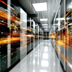 Poster - Server Room Data Center with Data Streams and Bright Lights, High-Tech Infrastructure, Future of Data Technology