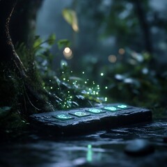 Aufkleber - Mystical scene with glowing inscriptions in a forest setting. The stone tablet with green inscriptions rests near water, surrounded by lush foliage and soft lighting creating an ethereal atmosphere