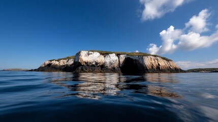 Poster - Coastal island landscape with a vibrant blue sky above the water. A rocky island featuring a cave entrance and patches of green vegetation dominates the scene with scattered clouds