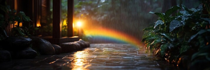 Poster - Vibrant rainbow arcs across a rain-soaked stone path illuminating lush green foliage and architectural details. The scene captures a moment of tranquility and natural beauty illuminated by warm light