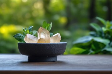Aufkleber - Close-up of a small black bowl filled with clear crystals and green leaves on a wooden surface with blurred green foliage background. The crystals have a golden hue