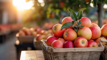 Poster - Close-up view of ripe red apples in wicker baskets on wooden surface with sunlight in the background