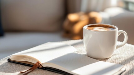 Poster - Close up image of a white coffee mug with a latte on a beige surface beside an open notebook with sunlight and blurred background creating warmth
