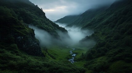 Poster - A scenic view showcases a lush green valley shrouded in mist with a stream winding through it. Overcast lighting and dense forestry dominates the landscape with a serene and tranquil atmosphere